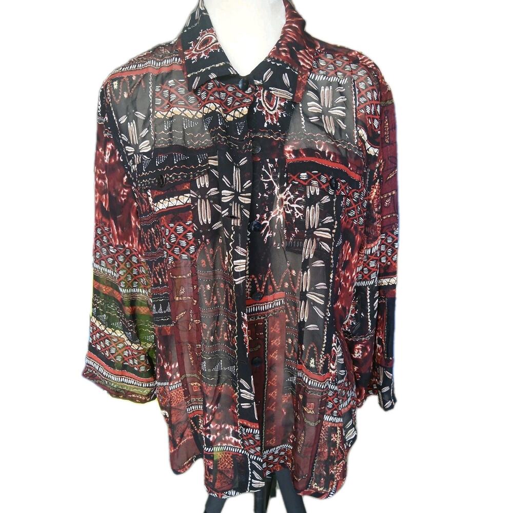 Vintage Chicos L Art Boho 100% Silk Long Sleeve Button Blouse Washable Silk